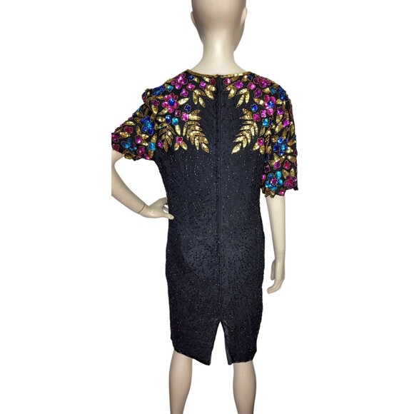 Vintage 80s STENAY Art Deco Sequined Beaded 100% Silk Party Dress Size 10 India - Picture 7 of 9